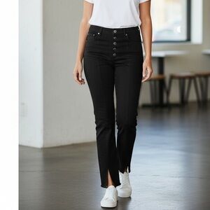 Free People Black Button Fly Raw Hem Split Crop Jeans W31 Straight Leg Boho